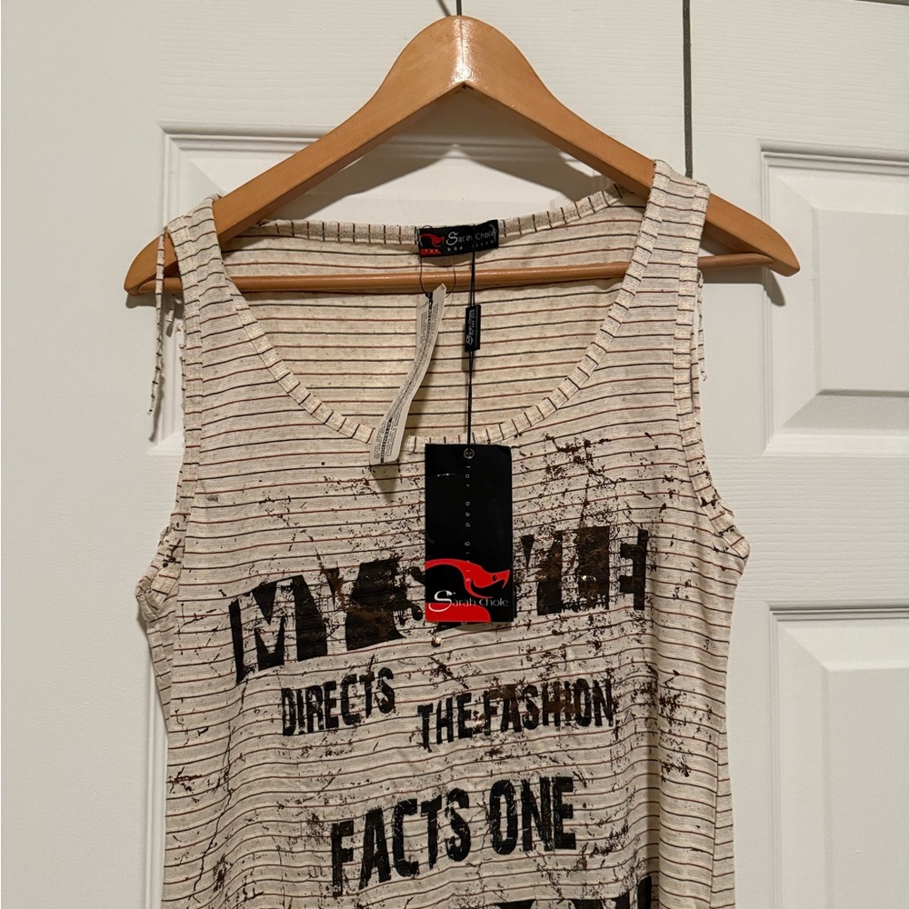 NWT Sarah Chole for Bad Girls - Striped Beige Graphic Tank Top M - Picture 2 of 8